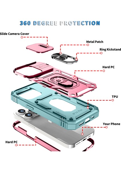 iPhone 15 Pro Max Için Kayar Lens Koruyucu Halka Standlı Telefon Kılıfı - Pembe-Yeşil (Yurt Dışından) indirimleri