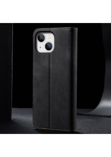 iPhone 15 Plus Için Kot Deri Flip Cüzdan Standlı Telefon Kılıfı - Siyah (Yurt Dışından)