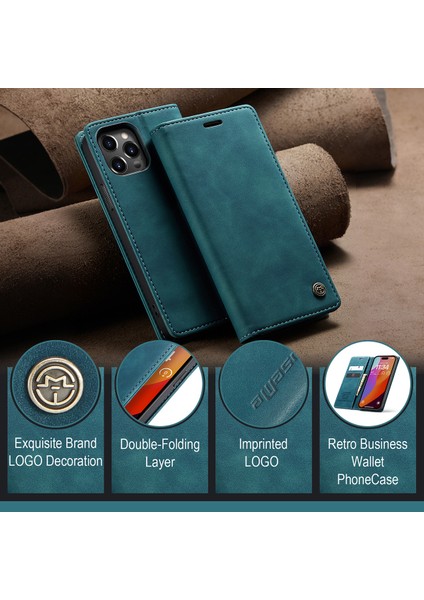 iPhone 15 Pro Max Için Retro Pu Deri Cüzdan Flip Standlı Telefon Kılıfı - Mavi (Yurt Dışından)