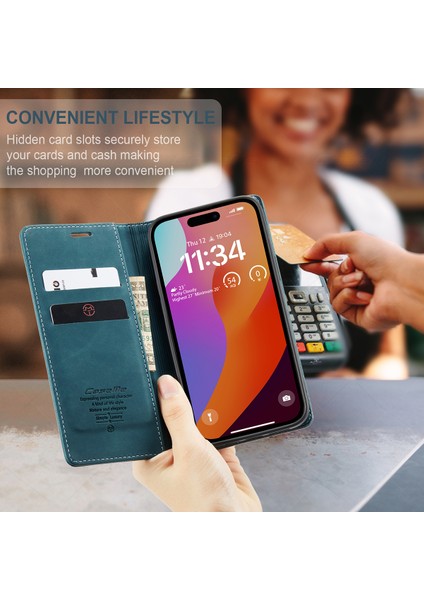 iPhone 15 Pro Max Için Retro Pu Deri Cüzdan Flip Standlı Telefon Kılıfı - Mavi (Yurt Dışından)
