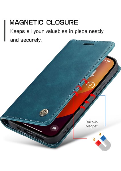 iPhone 15 Pro Max Için Retro Pu Deri Cüzdan Flip Standlı Telefon Kılıfı - Mavi (Yurt Dışından)