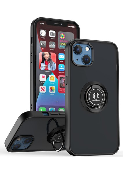iPhone 15 Plus Için Yüzük Stand Mat Sert Silikon Telefon Kılıfı - Siyah (Yurt Dışından)