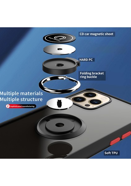 iPhone 15 Plus Için Yüzük Stand Mat Sert Silikon Telefon Kılıfı - Siyah (Yurt Dışından)