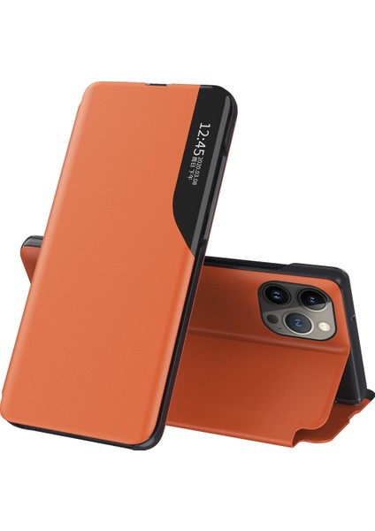 iPhone 15 Pro Için Akıllı Görünüm Flip Stand Pu Deri Telefon Kılıfı - Turuncu (Yurt Dışından)