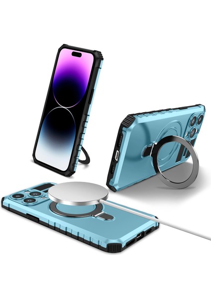 iPhone 15 Pro Için Magsafe Manyetik Halka Standlı Ağır Hizmet Telefon Kılıfı - Açık Mavi (Yurt Dışından)