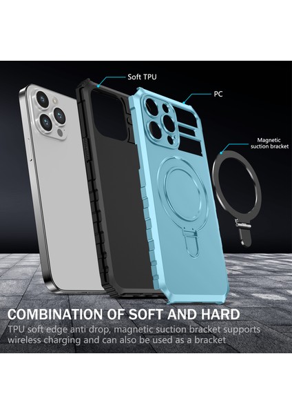iPhone 15 Pro Için Magsafe Manyetik Halka Standlı Ağır Hizmet Telefon Kılıfı - Açık Mavi (Yurt Dışından)