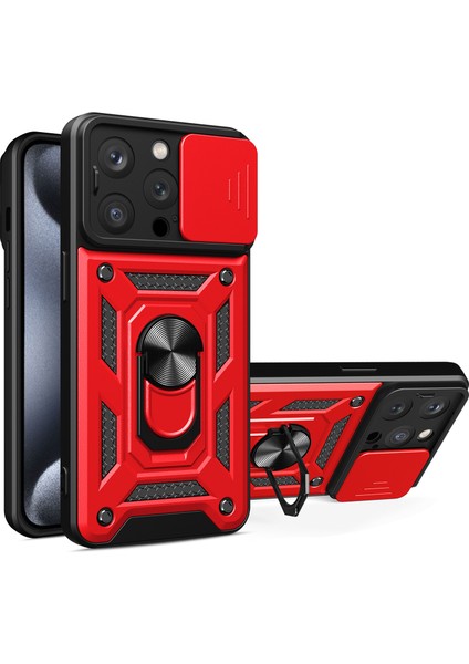 iPhone 15 Pro Max Için Halka Ayaklı ve Kayar Kamera Kapaklı Telefon Kılıf - Mavi (Yurt Dışından)
