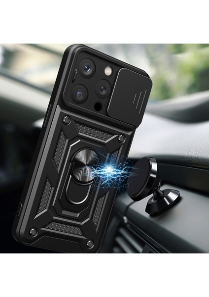 iPhone 15 Pro Max Için Halka Ayaklı ve Kayar Kamera Kapaklı Telefon Kılıf - Mavi (Yurt Dışından)
