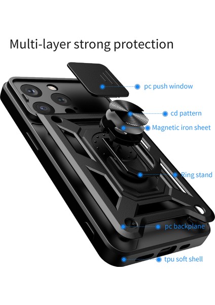 iPhone 15 Pro Max Için Halka Ayaklı ve Kayar Kamera Kapaklı Telefon Kılıf - Mavi (Yurt Dışından)