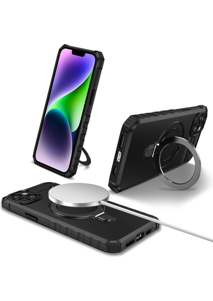 iPhone 15 Plus Için Magsafe Manyetik Halka Standlı Ağır Hizmet Telefon Kılıfı - Siyah (Yurt Dışından)