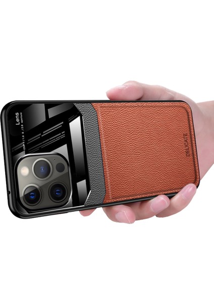 iPhone 15 Pro Için Ince Litchi Tpu Bumper Hibrit Cam Korumalı Kılıf Kapaklı - Kahverengi (Yurt Dışından)