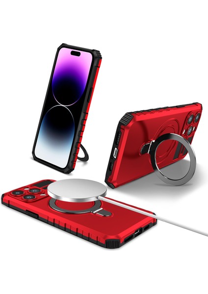 iPhone 15 Pro Max Için Magsafe Manyetik Halka Standlı Ağır Hizmet Telefon Kılıfı - Kırmızı (Yurt Dışından)