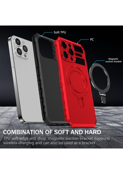 iPhone 15 Pro Max Için Magsafe Manyetik Halka Standlı Ağır Hizmet Telefon Kılıfı - Kırmızı (Yurt Dışından) indirimleri