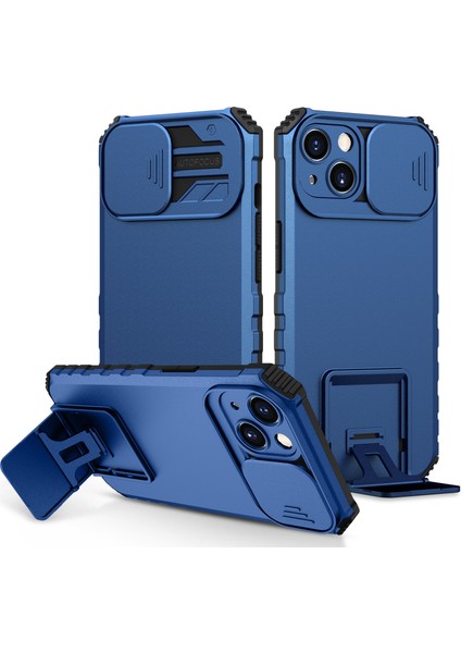 iPhone 15 Plus Kayar Kamera Kapaklı Sağlam Standı Telefon Kılıfı - Mavi (Yurt Dışından)
