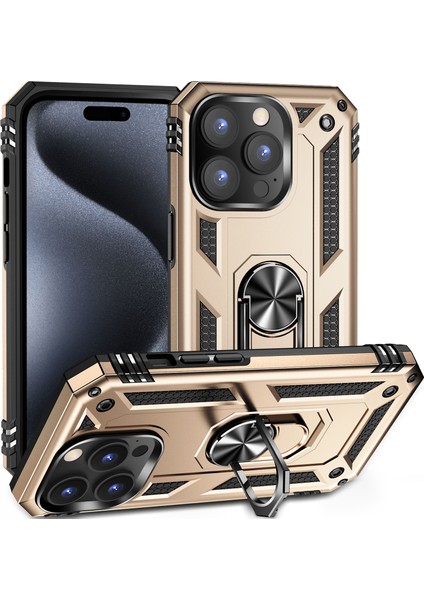 iPhone 15 Pro Için Halka Tutuculu Çift Katmanlı Telefon Kılıfı - Altın (Yurt Dışından)