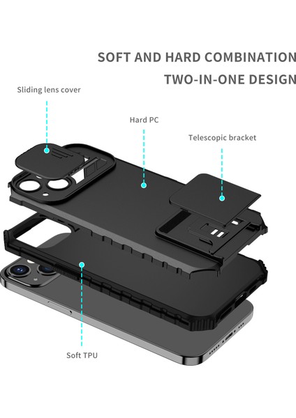 iPhone 15 Kayar Kamera Kapaklı Sağlam Standı Telefon Kılıfı - Siyah (Yurt Dışından)