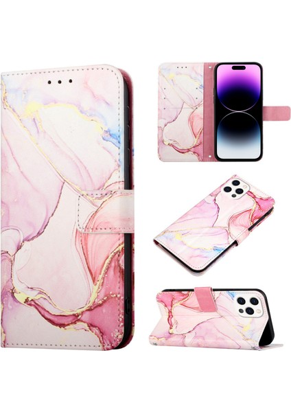 iPhone 15 Pro Max Için Mermer Desenli Pu Deri Cüzdan Telefon Kılıfı - Rose Gold (Yurt Dışından)