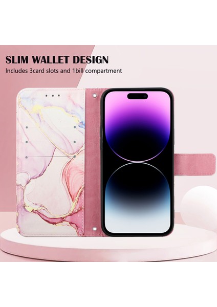 iPhone 15 Pro Max Için Mermer Desenli Pu Deri Cüzdan Telefon Kılıfı - Rose Gold (Yurt Dışından) indirimleri