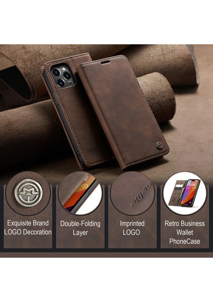 iPhone 15 Pro Için Retro Pu Deri Cüzdan Flip Standlı Telefon Kılıfı - Kahve (Yurt Dışından)