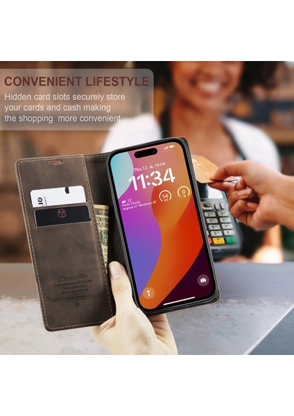 iPhone 15 Pro Için Retro Pu Deri Cüzdan Flip Standlı Telefon Kılıfı - Kahve (Yurt Dışından)