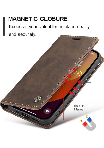 iPhone 15 Pro Için Retro Pu Deri Cüzdan Flip Standlı Telefon Kılıfı - Kahve (Yurt Dışından)