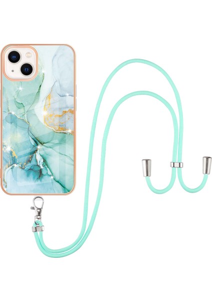 iPhone 15 Plus Için Crossbody Askı Ipi Mermer Desenli Telefon Kılıfı - Yeşil (Yurt Dışından)