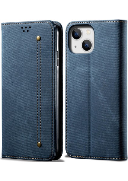 iPhone 15 Plus Için Kot Deri Flip Cüzdan Standlı Telefon Kılıfı - Mavi (Yurt Dışından)