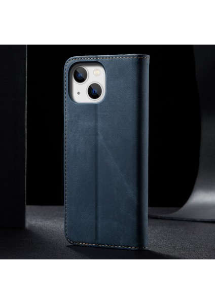 iPhone 15 Plus Için Kot Deri Flip Cüzdan Standlı Telefon Kılıfı - Mavi (Yurt Dışından)