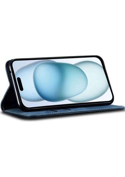 iPhone 15 Plus Için Kot Deri Flip Cüzdan Standlı Telefon Kılıfı - Mavi (Yurt Dışından)