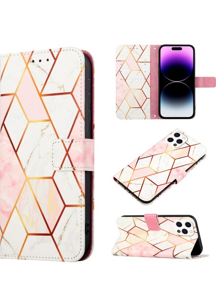 iPhone 15 Pro Için Mermer Desenli Pu Deri Cüzdan Telefon Kılıfı - Pembe - Beyaz (Yurt Dışından)