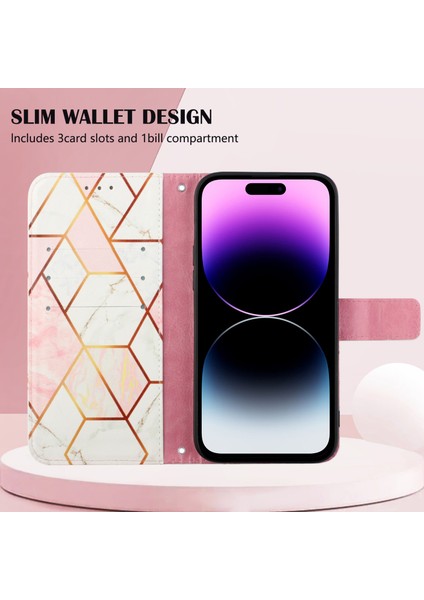 iPhone 15 Pro Için Mermer Desenli Pu Deri Cüzdan Telefon Kılıfı - Pembe - Beyaz (Yurt Dışından) indirimleri