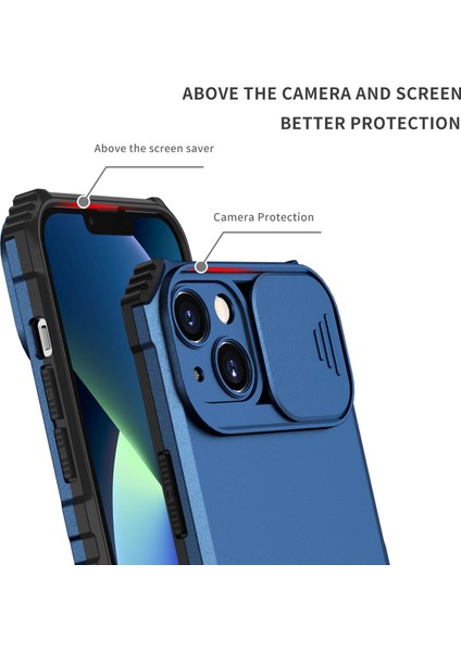iPhone 15 Plus Kayar Kamera Kapaklı Sağlam Standı Telefon Kılıfı - Mavi (Yurt Dışından) indirimleri