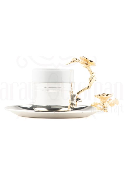 Altın Japon Gülü Yuvarlak Tepsi + 6'lı Çizgili Kahve Fincanı Nikel fiyatları