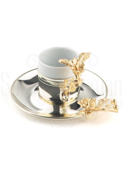 Altın Japon Gülü Yuvarlak Tepsi + 6'lı Çizgili Kahve Fincanı Nikel modelleri