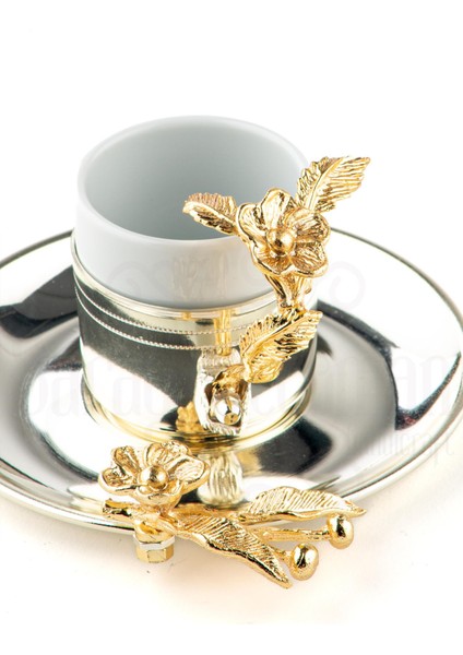 Altın Japon Gülü Yuvarlak Tepsi + 6'lı Çizgili Kahve Fincanı Nikel fırsatları