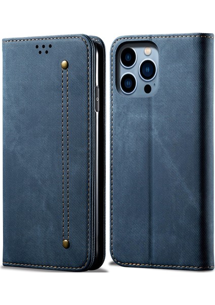 iPhone 15 Pro Için Kot Deri Flip Cüzdan Standlı Telefon Kılıfı - Mavi (Yurt Dışından)