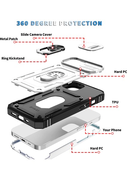 iPhone 15 Plus Için Kayar Lens Koruyucu Halka Standlı Telefon Kılıfı - Beyaz (Yurt Dışından)