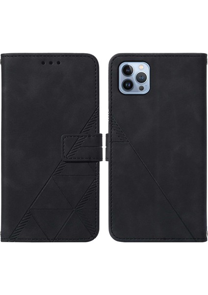 iPhone 15 Pro Max Için Kabartmalı Pu Deri Stand Cüzdan Telefon Kılıfı - Siyah (Yurt Dışından)