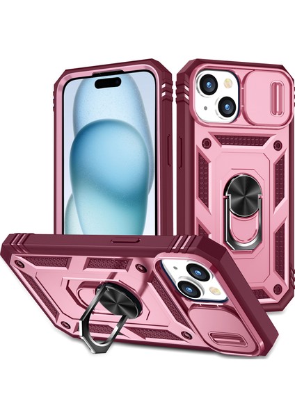 iPhone 15 Plus Için Kayar Lens Koruyucu Halka Standlı Telefon Kılıfı - Pembe - Kırmızı (Yurt Dışından)