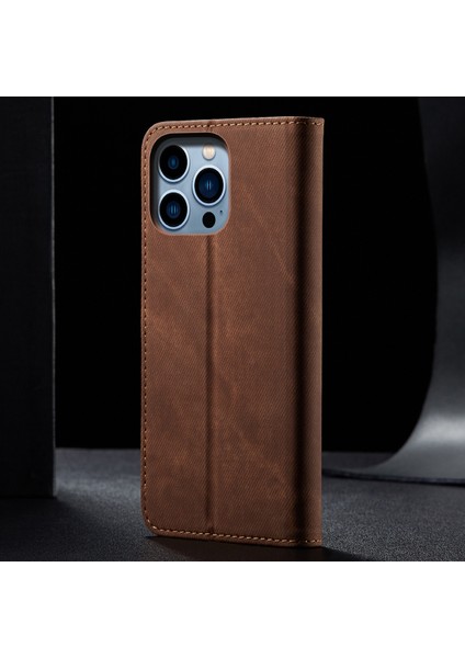 iPhone 15 Pro Max Için Kot Deri Flip Cüzdan Standlı Telefon Kılıfı - Kahverengi (Yurt Dışından)