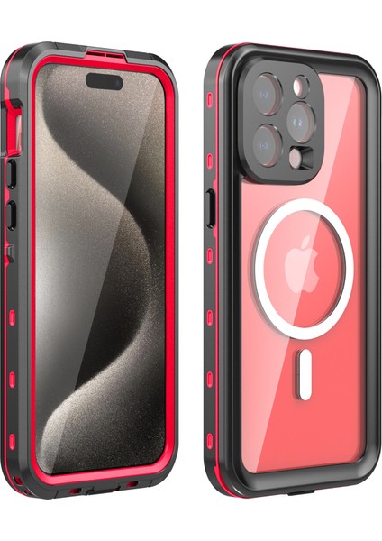 iPhone 15 Pro Max Için Su Geçirmez Kılıf Ekran Koruyucu IP68 Mühürlü Su Altı Telefon Kılıfı - Kırmızı (Yurt Dışından)
