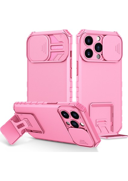 iPhone 15 Pro Kayar Kamera Kapaklı Sağlam Standı Telefon Kılıfı - Pembe (Yurt Dışından)