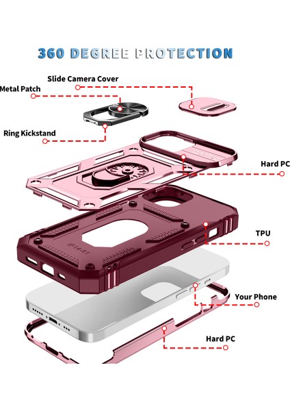 iPhone 15 Plus Için Kayar Lens Koruyucu Halka Standlı Telefon Kılıfı - Pembe - Kırmızı (Yurt Dışından) indirimleri