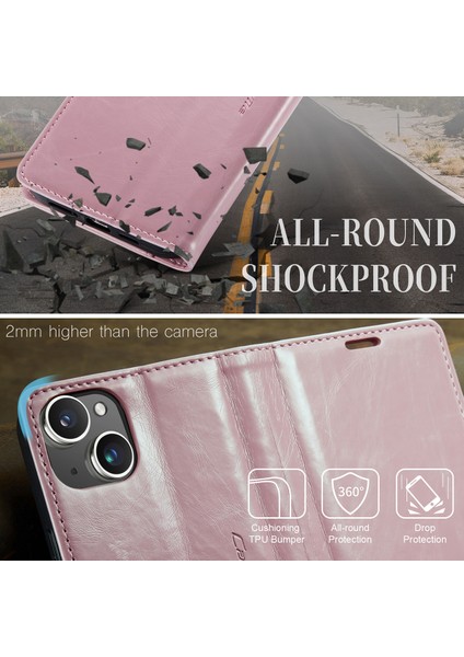 iPhone 15 Plus Için Deri Cüzdan Flip Standlı Telefon Kılıfı - Pembe (Yurt Dışından)