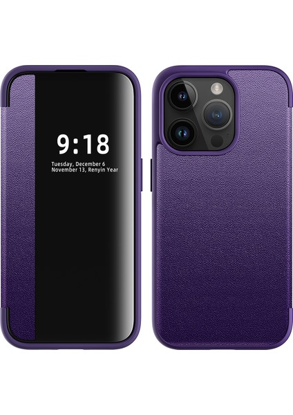 iPhone 15 Pro Için Klasik Business Flip Deri Telefon Kılıfı - Mor (Yurt Dışından)