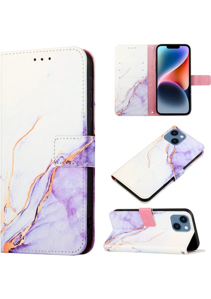 iPhone 15 Plus Için Mermer Desenli Pu Deri Cüzdan Telefon Kılıfı - Beyaz - Mor (Yurt Dışından)