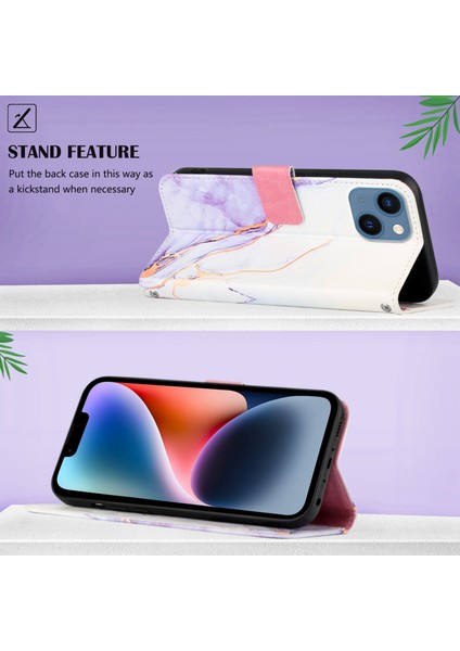 iPhone 15 Plus Için Mermer Desenli Pu Deri Cüzdan Telefon Kılıfı - Beyaz - Mor (Yurt Dışından) fırsatları