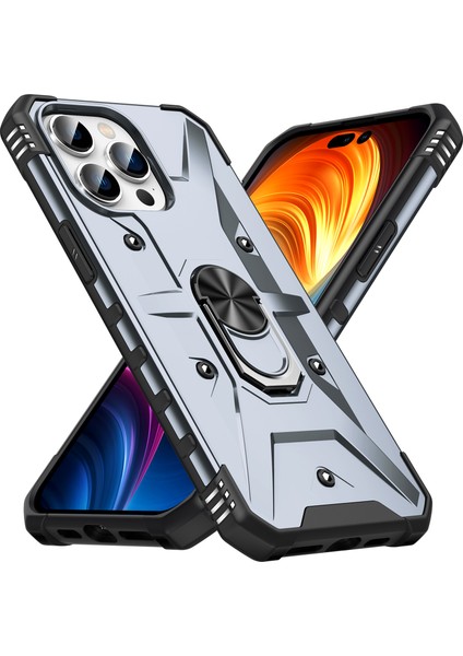 iPhone 15 Pro Için Halka Tutucu Standlı Çift Katmanlı Telefon Kılıfı - Gri (Yurt Dışından)