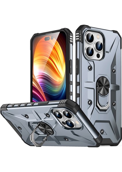 iPhone 15 Pro Için Halka Tutucu Standlı Çift Katmanlı Telefon Kılıfı - Gri (Yurt Dışından)