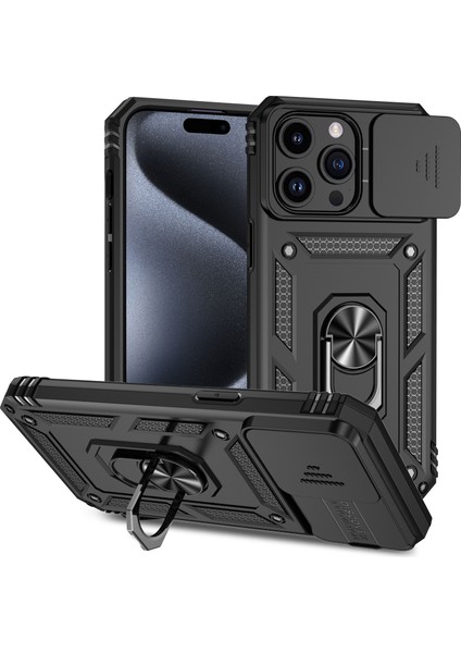 iPhone 15 Pro Max Için Halka Ayaklı ve Kayar Kamera Kapaklı Telefon Kılıf - Siyah (Yurt Dışından)